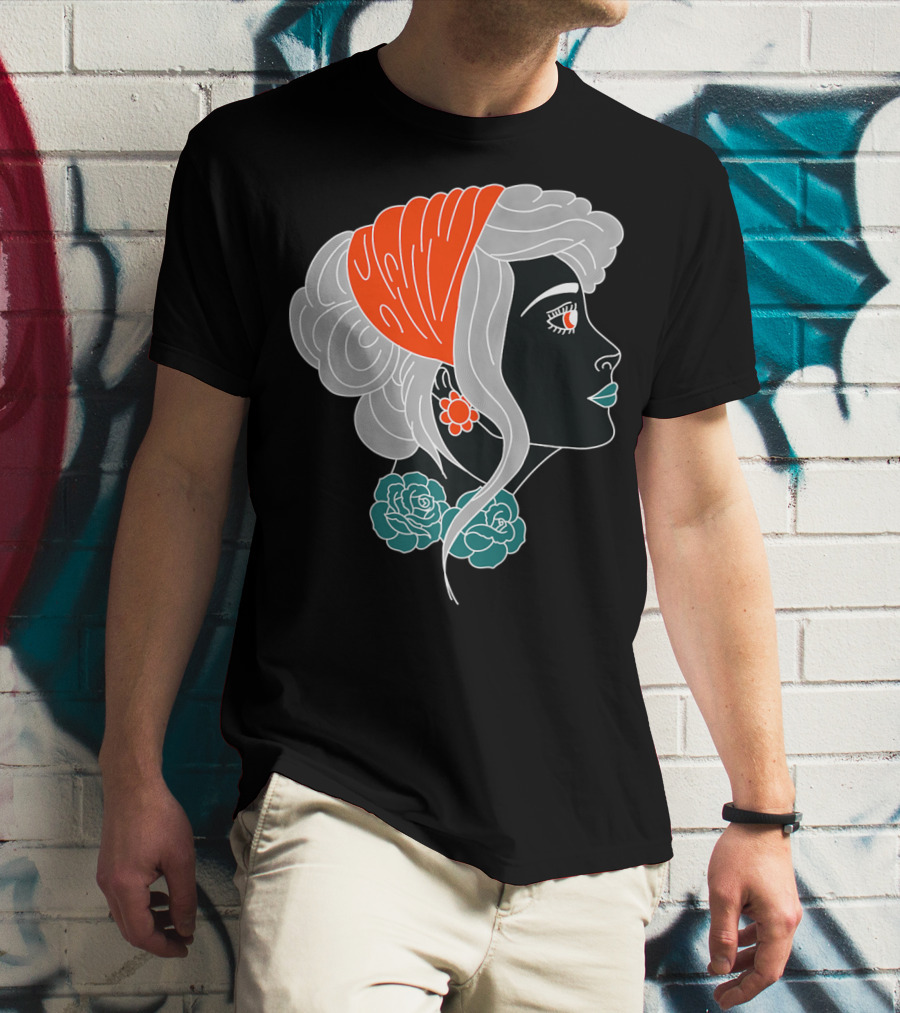American Traditional Tattoo Gypsy Woman With Orange Headscarf And Roses T-Shirt
