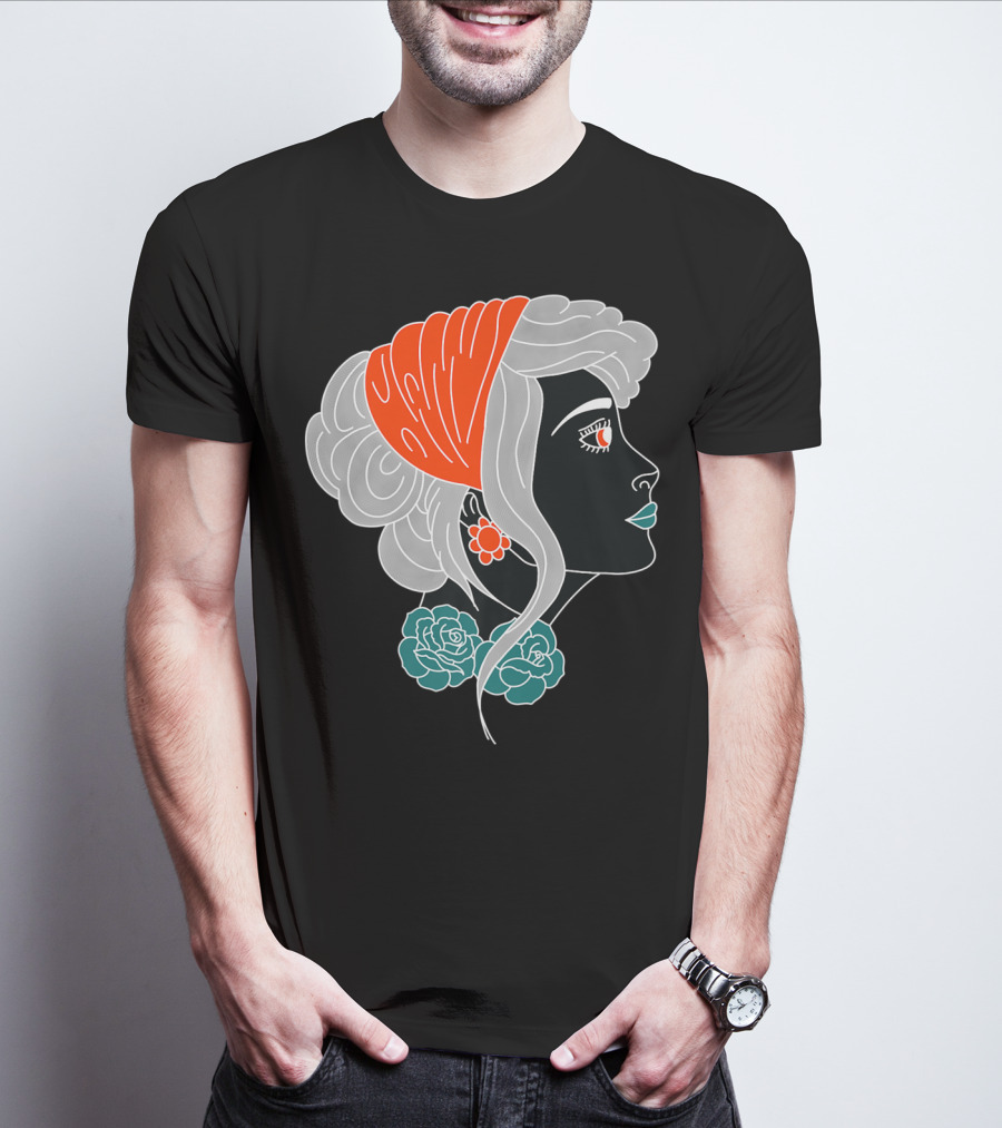 American Traditional Tattoo Gypsy Woman With Orange Headscarf And Roses T-Shirt
