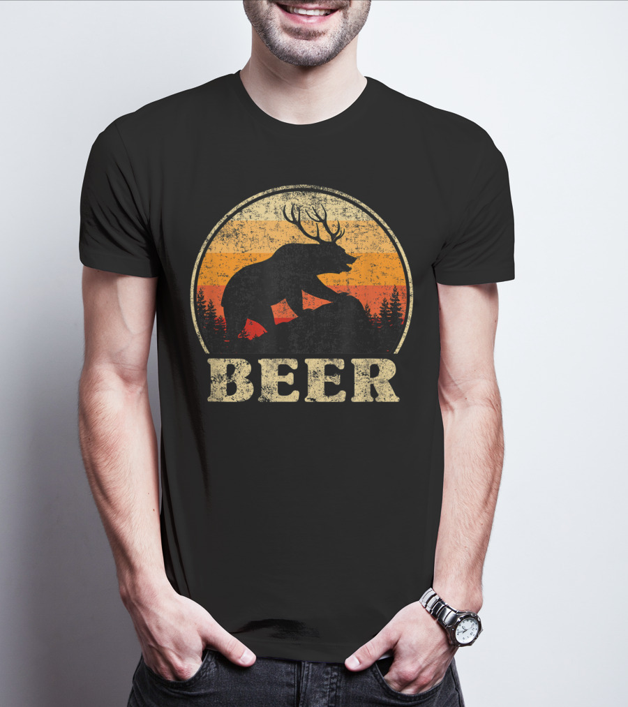Bear Deer Beer Retro Vintage Silhouette Forest Sunset T-Shirt