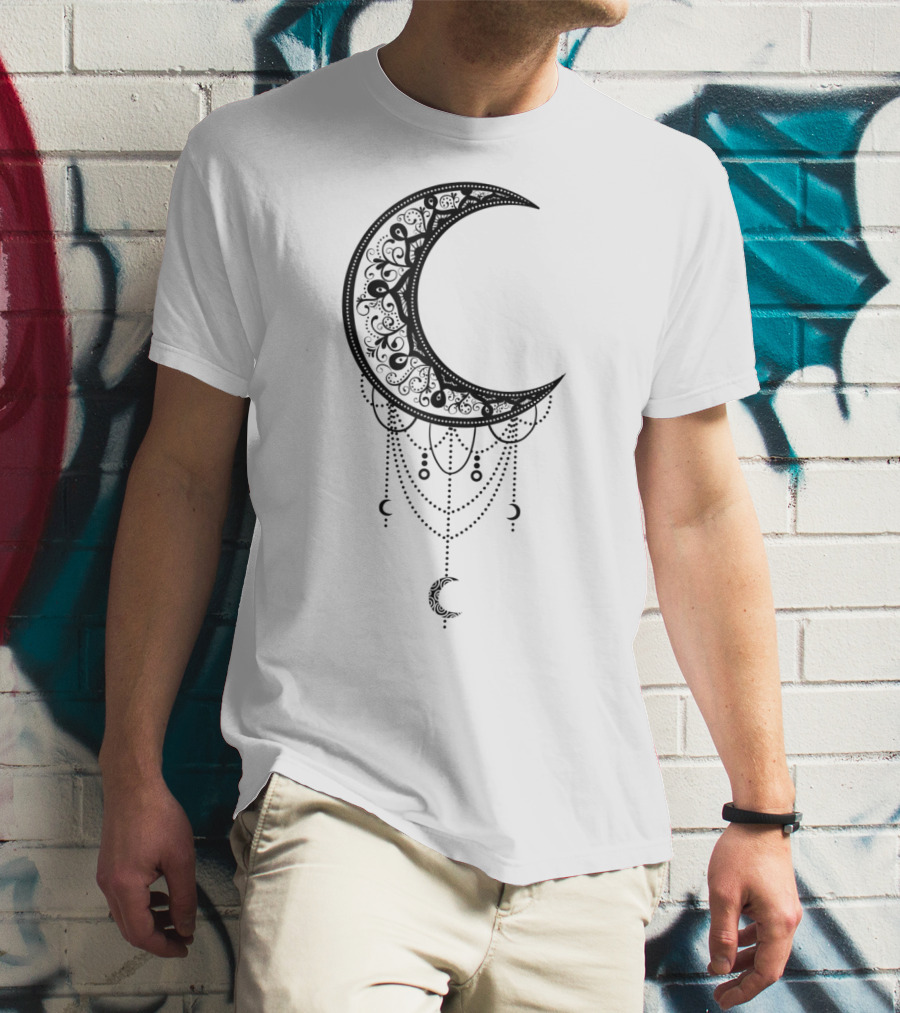 Beautiful Black Crescent Moon Dreamcatcher Design With Intricate Patterns And Hanging Beads T-Shirt