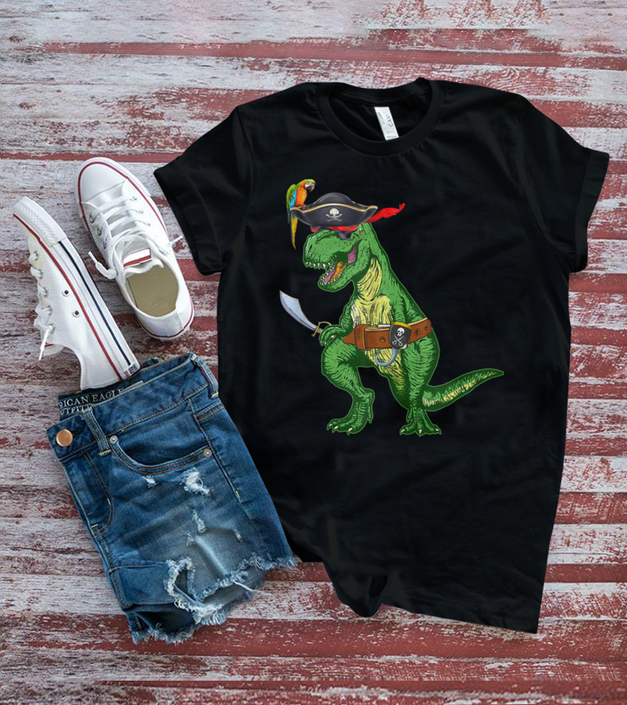 Boys Kids Dinosaur T-Rex Pirate With Parrot And Sword T-Shirt