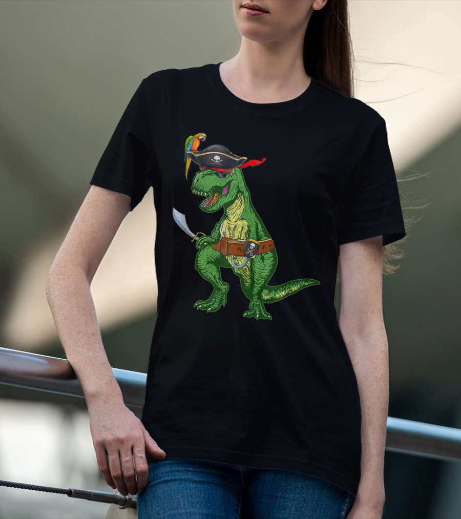 Boys Kids Dinosaur T-Rex Pirate With Parrot And Sword T-Shirt