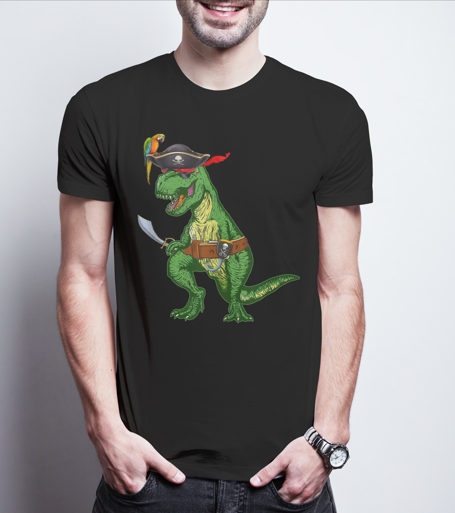 Boys Kids Dinosaur T-Rex Pirate With Parrot And Sword T-Shirt