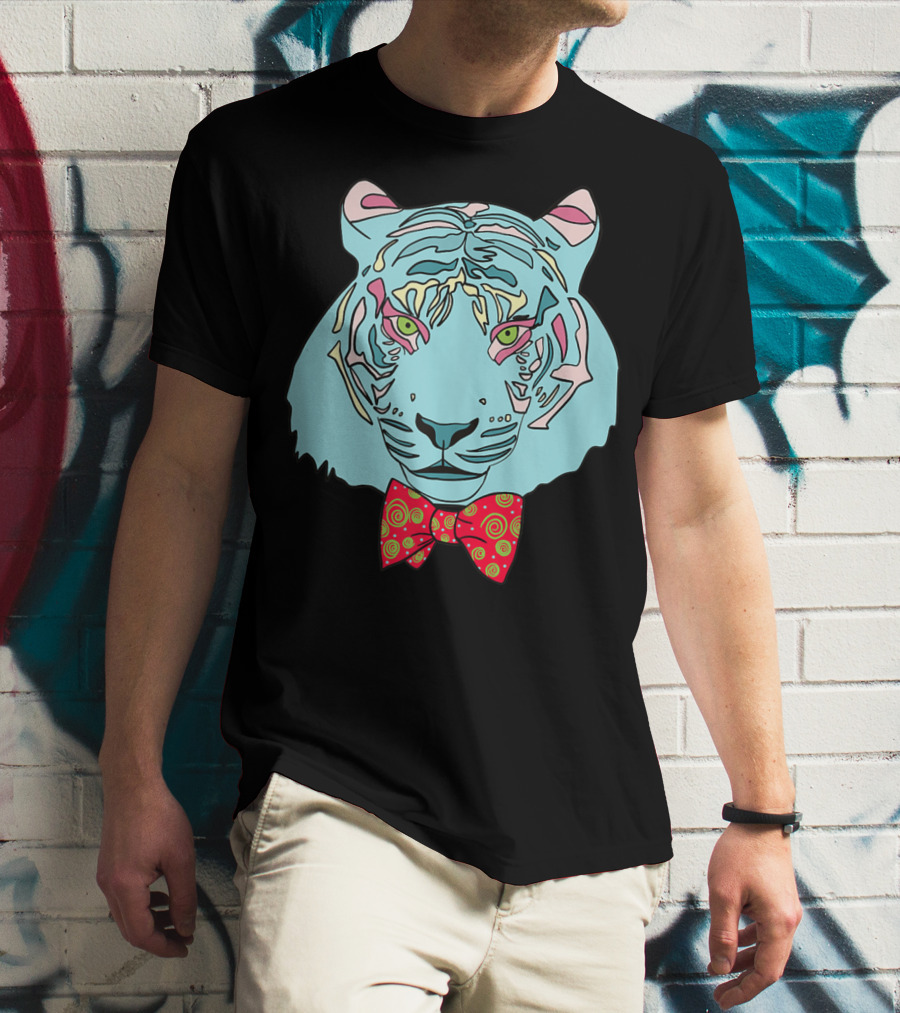 Colorful Tiger Head With Spiraled Bow Tie T-Shirt