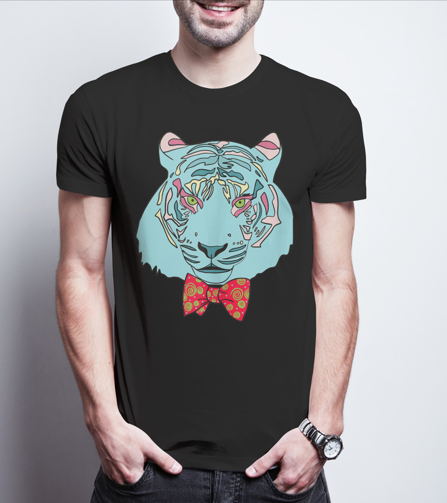 Colorful Tiger Head With Spiraled Bow Tie T-Shirt