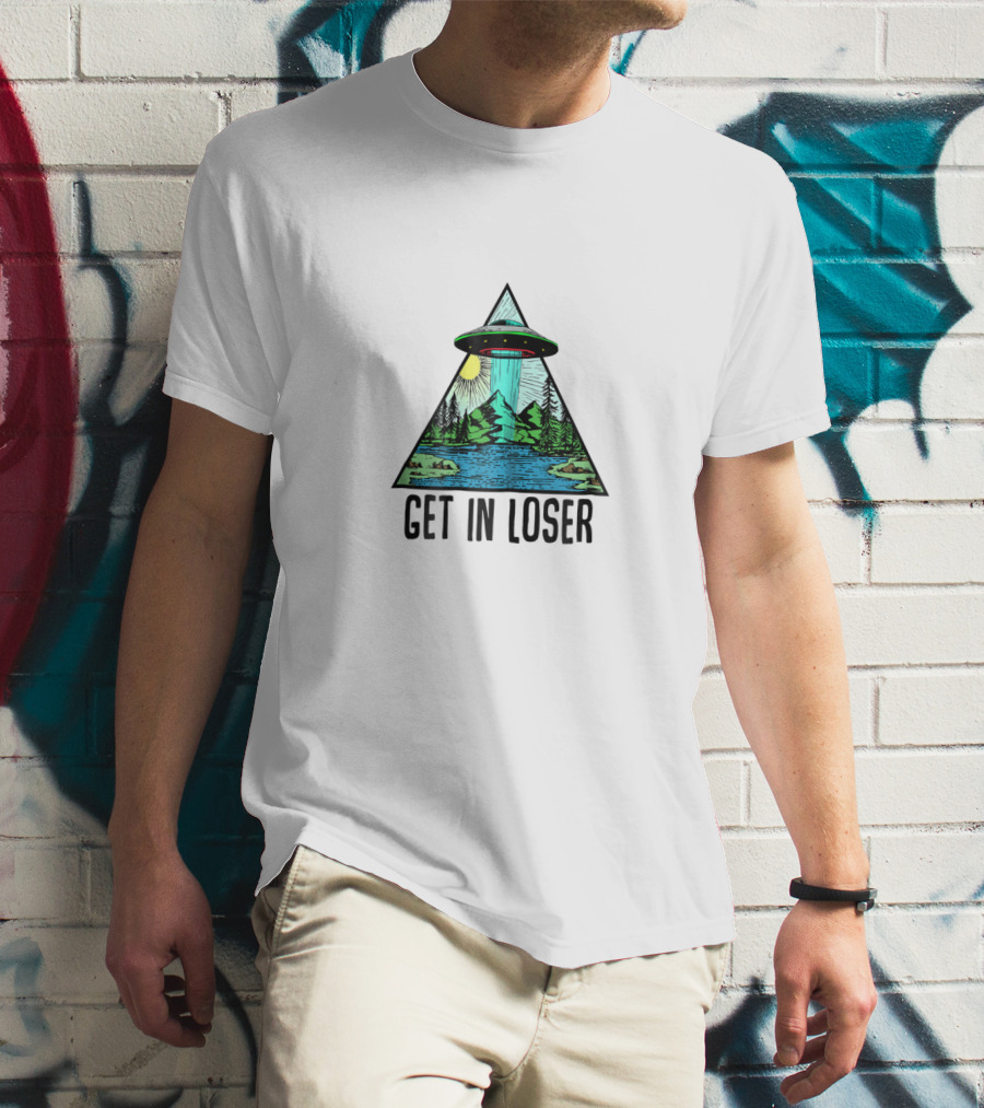 Get In Loser UFO Abduction Triangle With Forest And Lake Scene T-Shirt