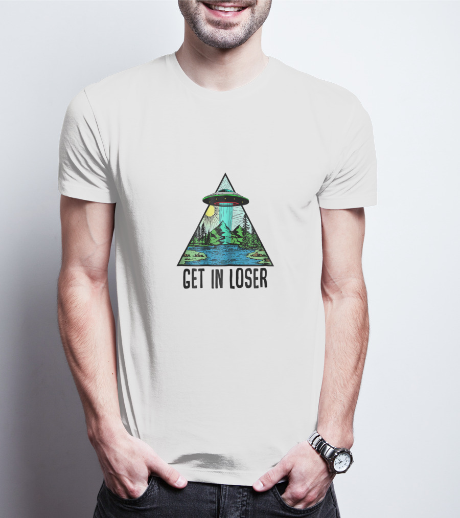 Get In Loser UFO Abduction Triangle With Forest And Lake Scene T-Shirt