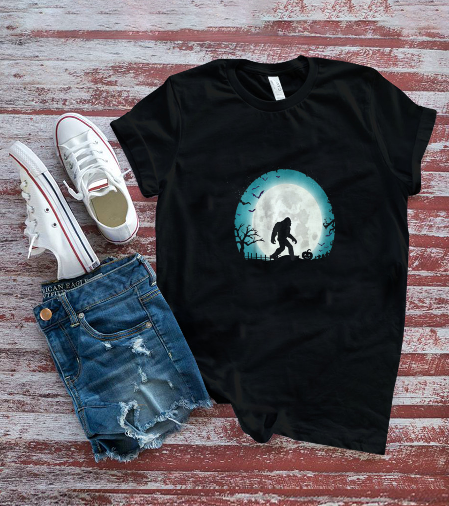 Halloween Bigfoot Silhouette With Full Moon And Bats Scene T-Shirt