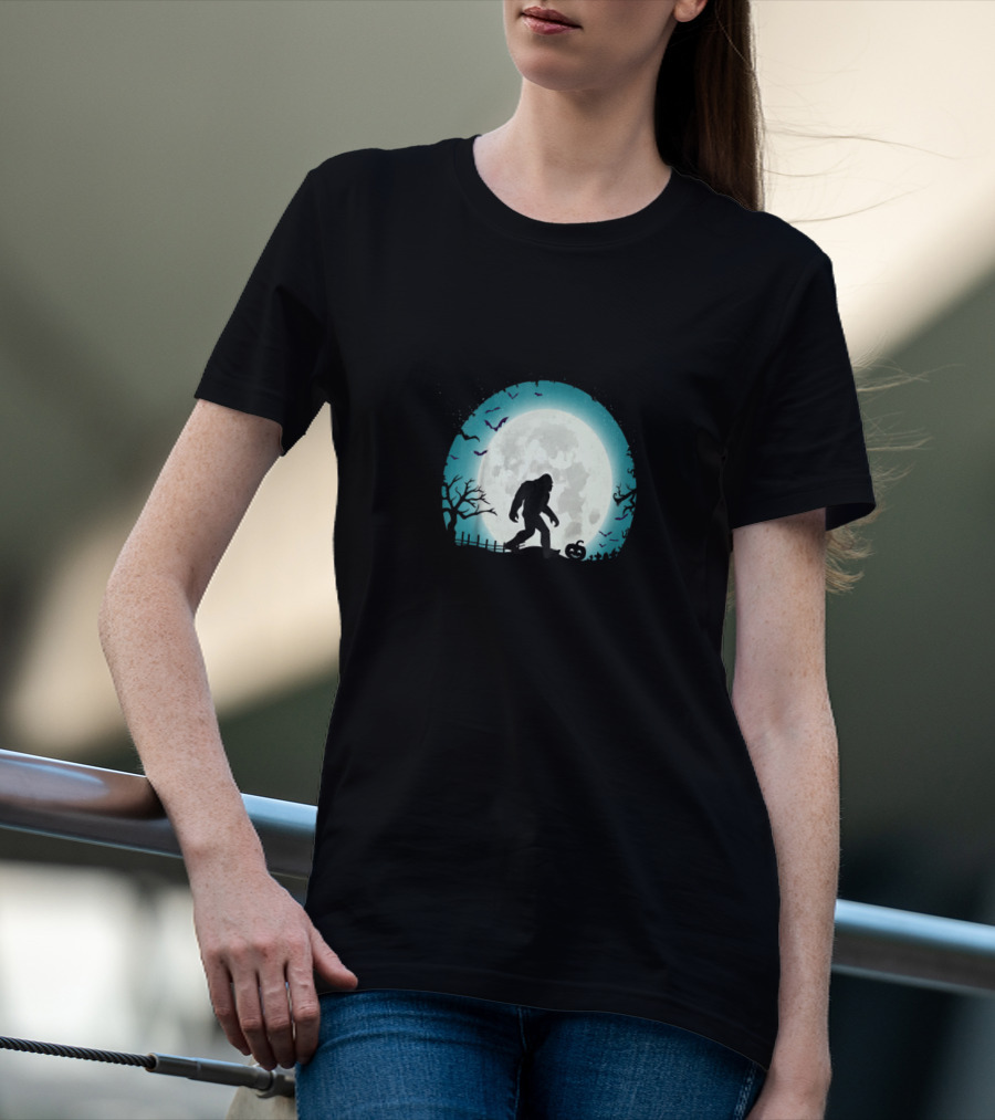 Halloween Bigfoot Silhouette With Full Moon And Bats Scene T-Shirt
