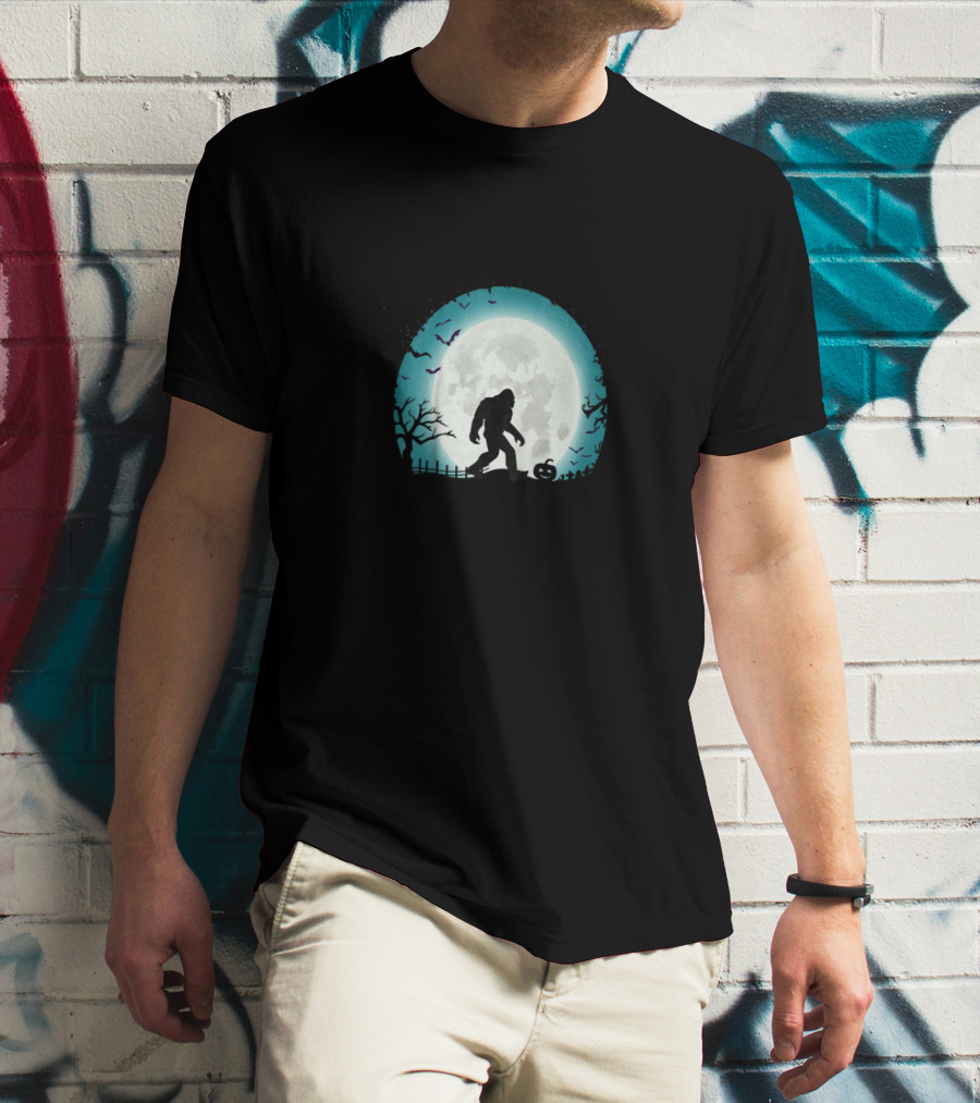 Halloween Bigfoot Silhouette With Full Moon And Bats Scene T-Shirt