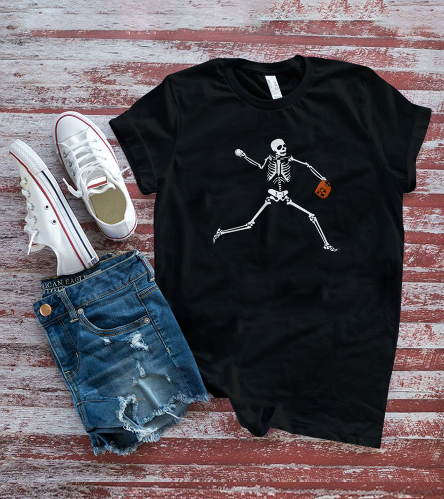 Skeleton Pitcher Halloween Baseball Player With Pumpkin Candy Bag T-Shirt