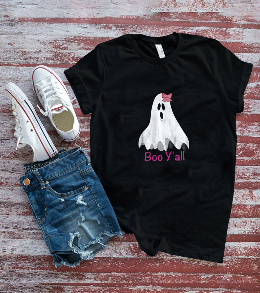 Boo Y'all Halloween Preppy Southern Ghost With Pink Bow T-Shirt