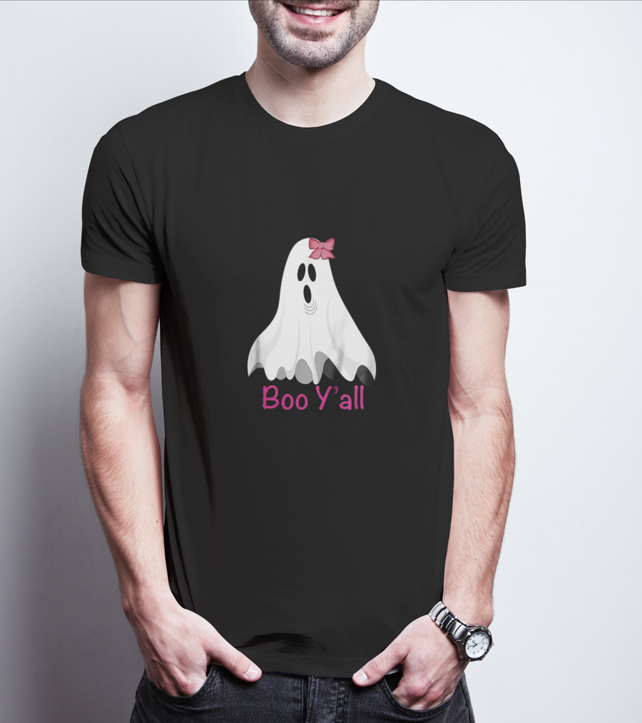 Boo Y'all Halloween Preppy Southern Ghost With Pink Bow T-Shirt
