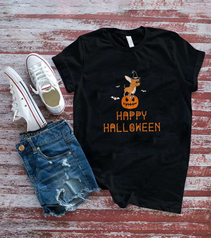 Chihuahua Dog On Pumpkin With Witch Hat And Bats Happy Halloween T-Shirt