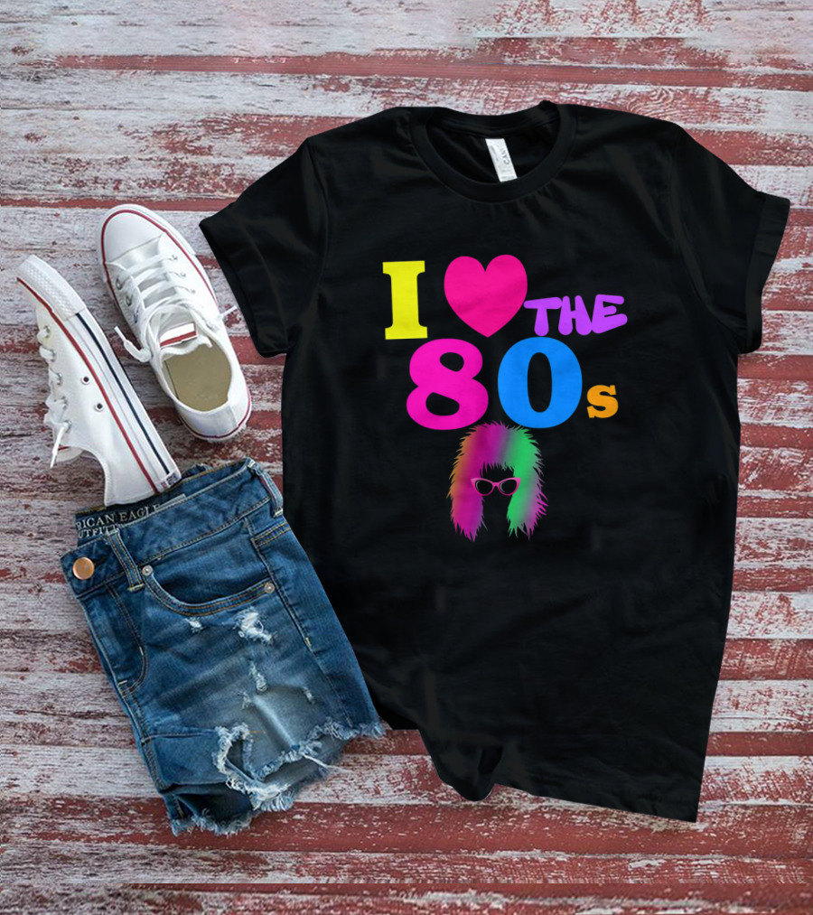I Love The 80s Neon Heart With Punk Rocker Hair And Sunglasses T-Shirt
