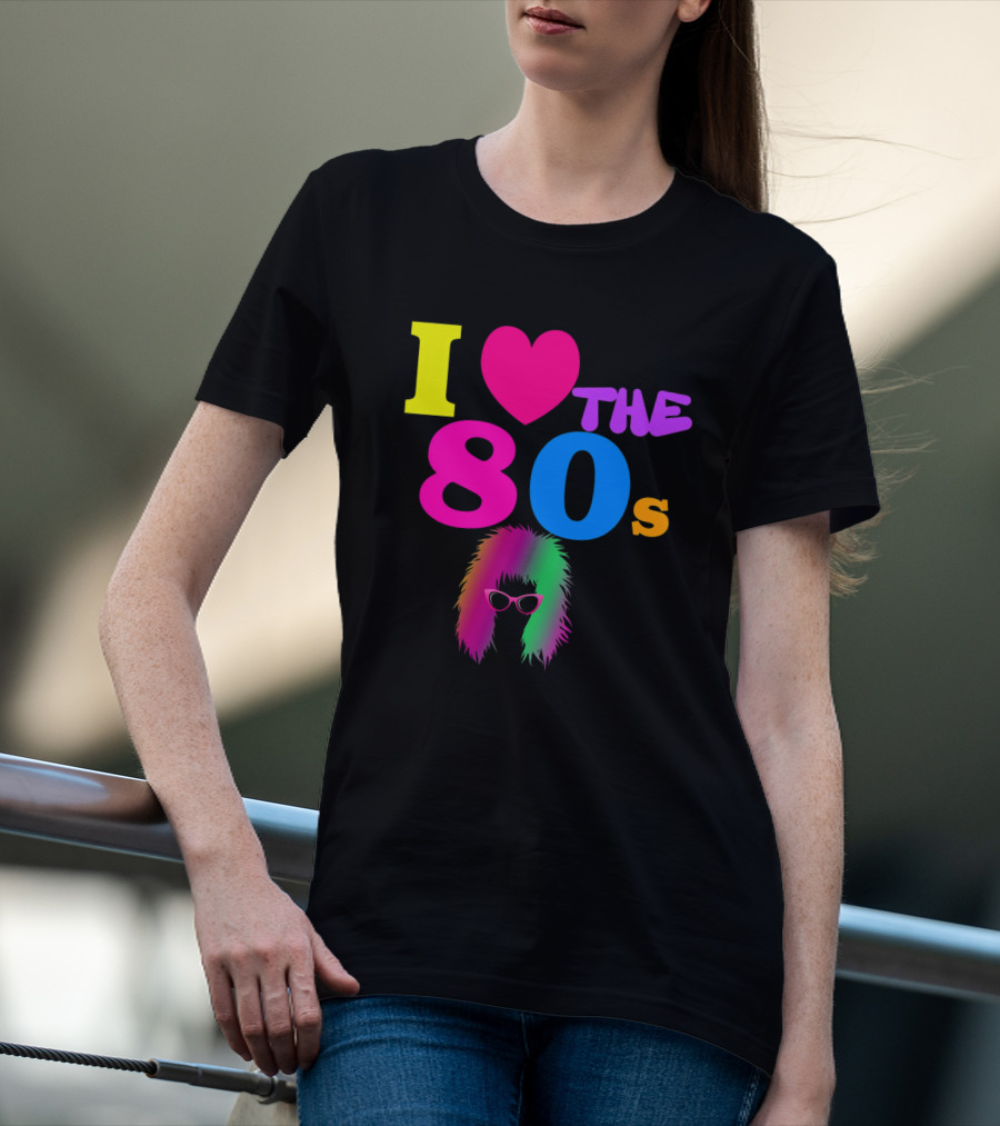 I Love The 80s Neon Heart With Punk Rocker Hair And Sunglasses T-Shirt