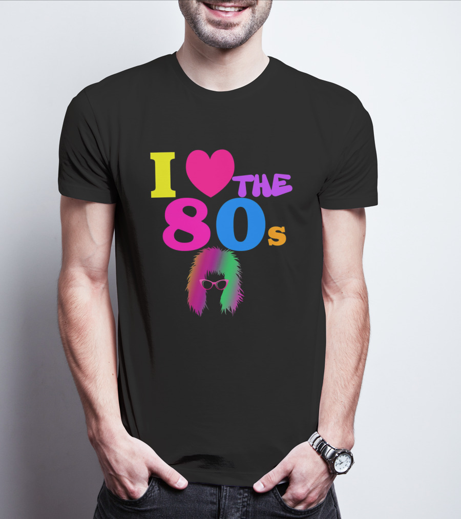 I Love The 80s Neon Heart With Punk Rocker Hair And Sunglasses T-Shirt