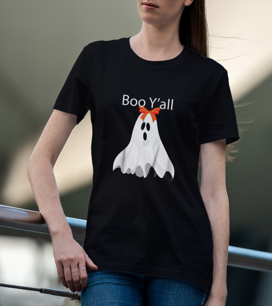 Boo Y'all Cute Halloween Southern Ghost With Bow T-Shirt