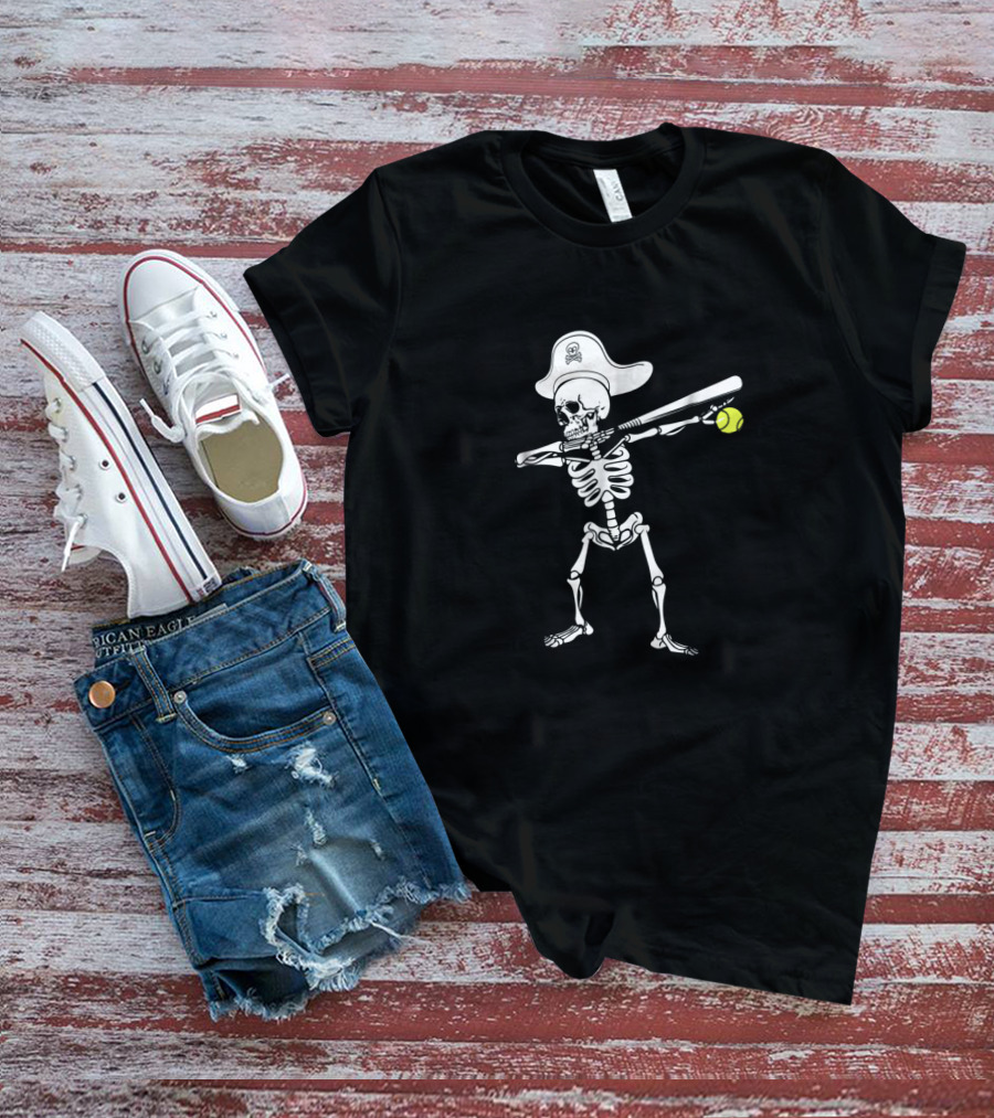 Dabbing Skeleton Holding Softball And Bat With Pirate Hat T-Shirt