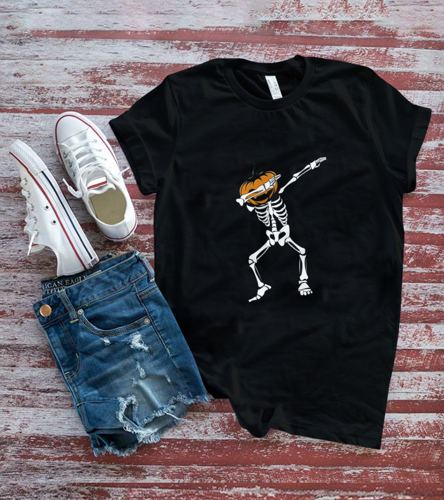 Funny Halloween Dabbing Skeleton With Pumpkin Head Dab T-Shirt