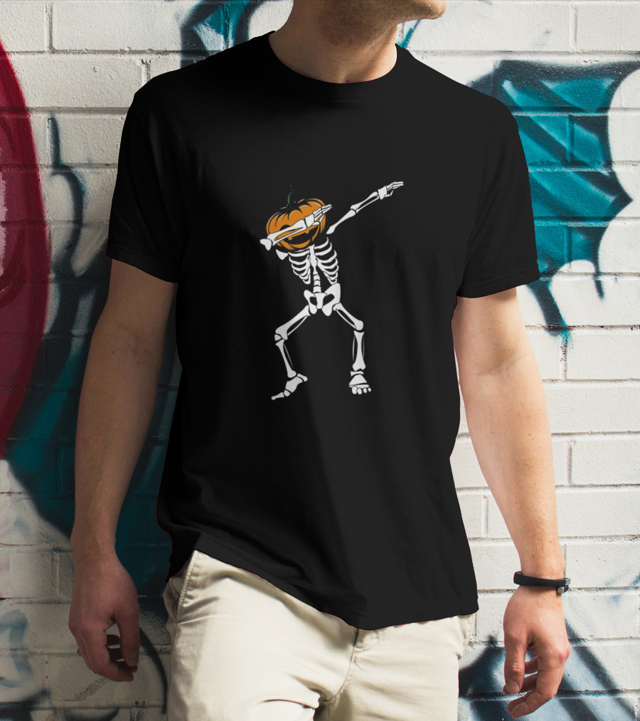 Funny Halloween Dabbing Skeleton With Pumpkin Head Dab T-Shirt