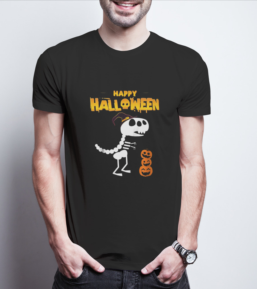 Happy Halloween Skeleton Dinosaur With Pumpkin Stack T-Shirt