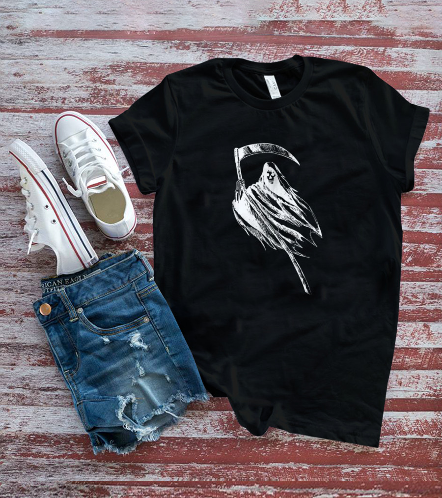 Grim Reaper Holding Scythe With Skull-Faced Cloak T-Shirt