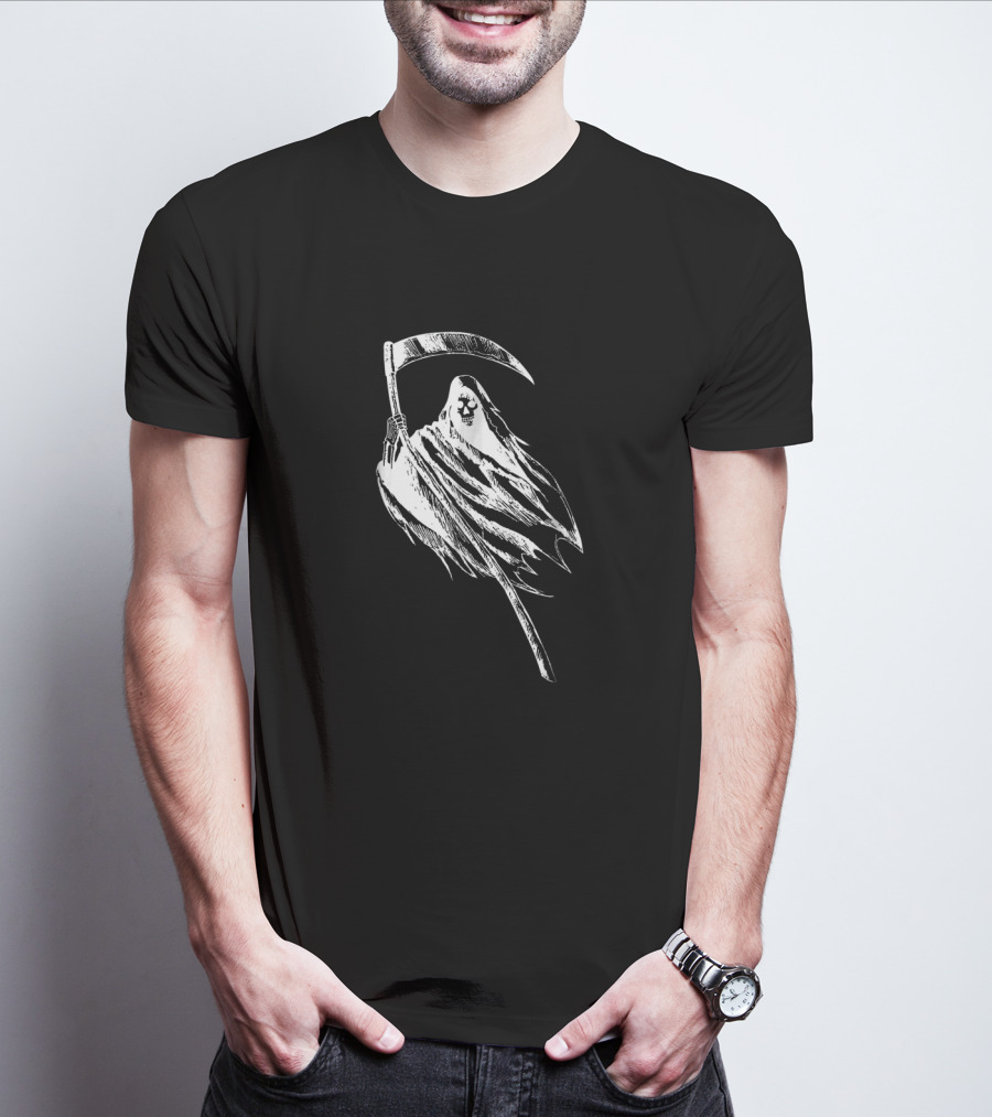 Grim Reaper Holding Scythe With Skull-Faced Cloak T-Shirt