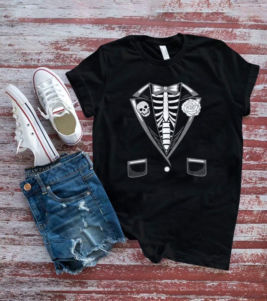 Halloween Costume Funny Skeleton Tuxedo With Skull And Flower Lapel T-Shirt