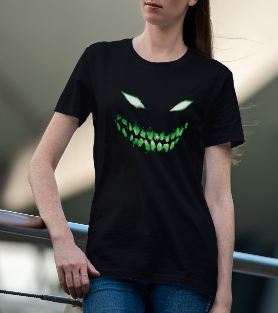 Halloween Dark Green Scary Face Glowing Eyes And Teeth T-Shirt