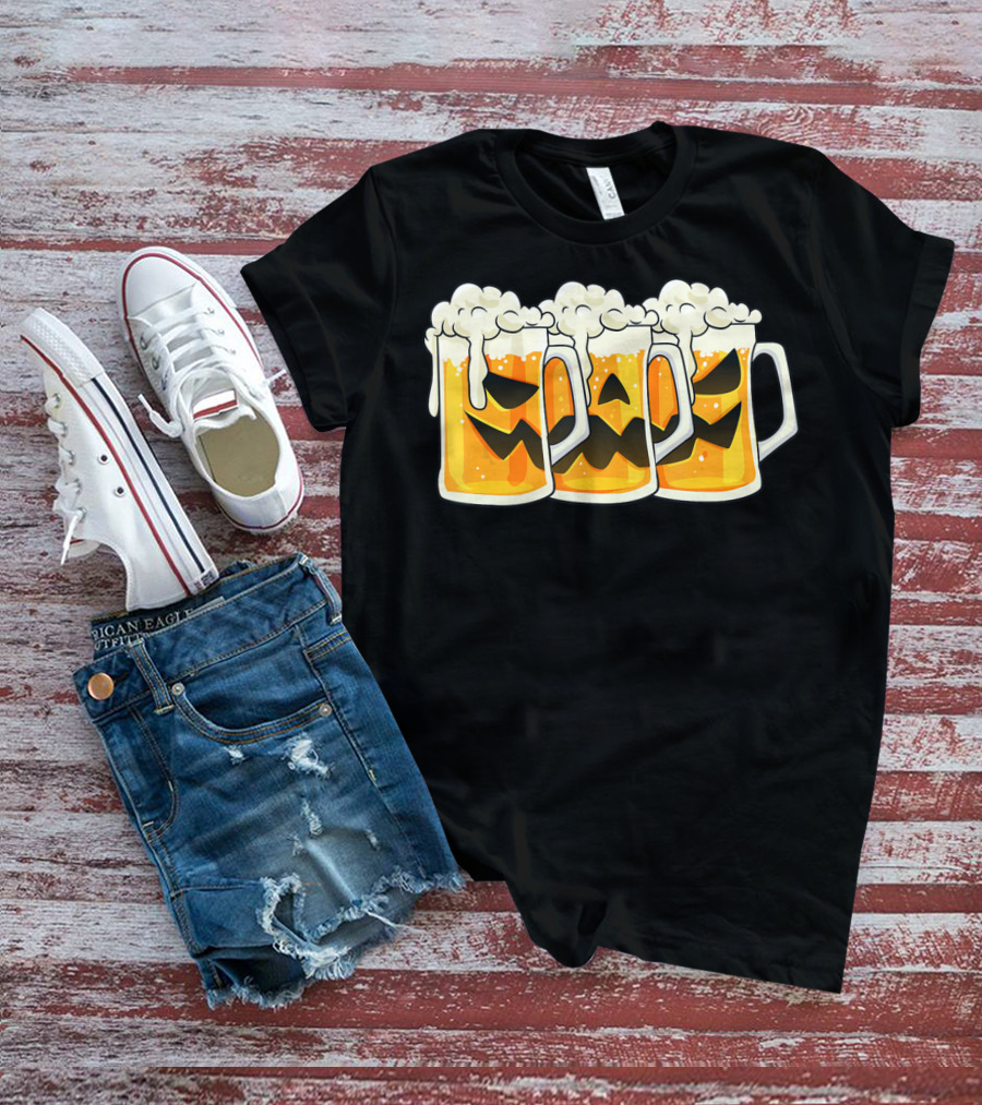 Halloween Jack O Lantern Beer Mug Faces T-Shirt