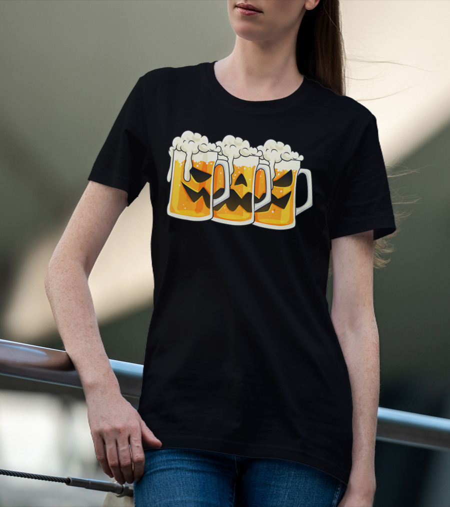 Halloween Jack O Lantern Beer Mug Faces T-Shirt