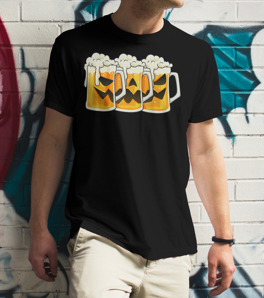 Halloween Jack O Lantern Beer Mug Faces T-Shirt