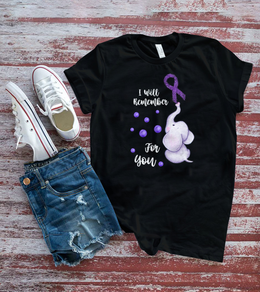 I Will Remember For You Elephant Purple Ribbon Alzheimer's Awareness T-Shirt