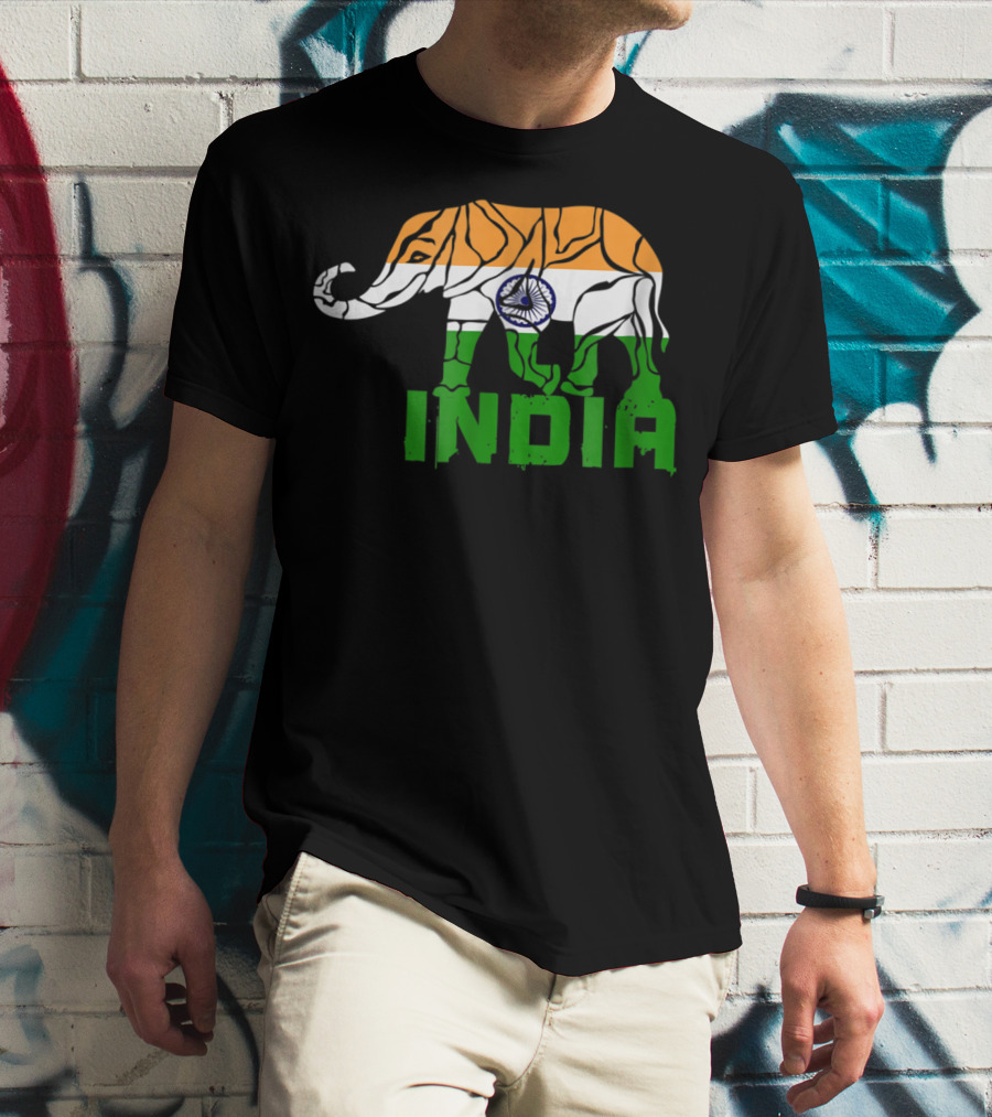 India Elephant With National Flag Colors And India Text T-Shirt