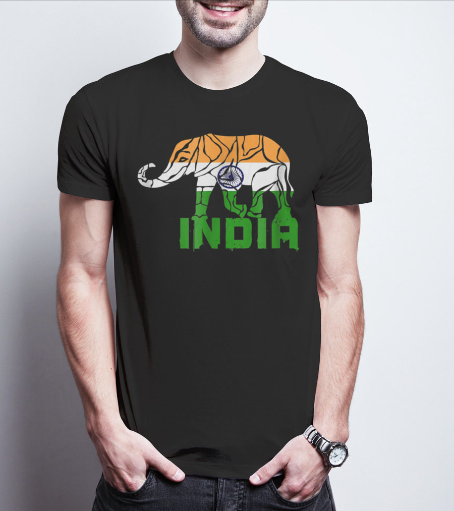 India Elephant With National Flag Colors And India Text T-Shirt