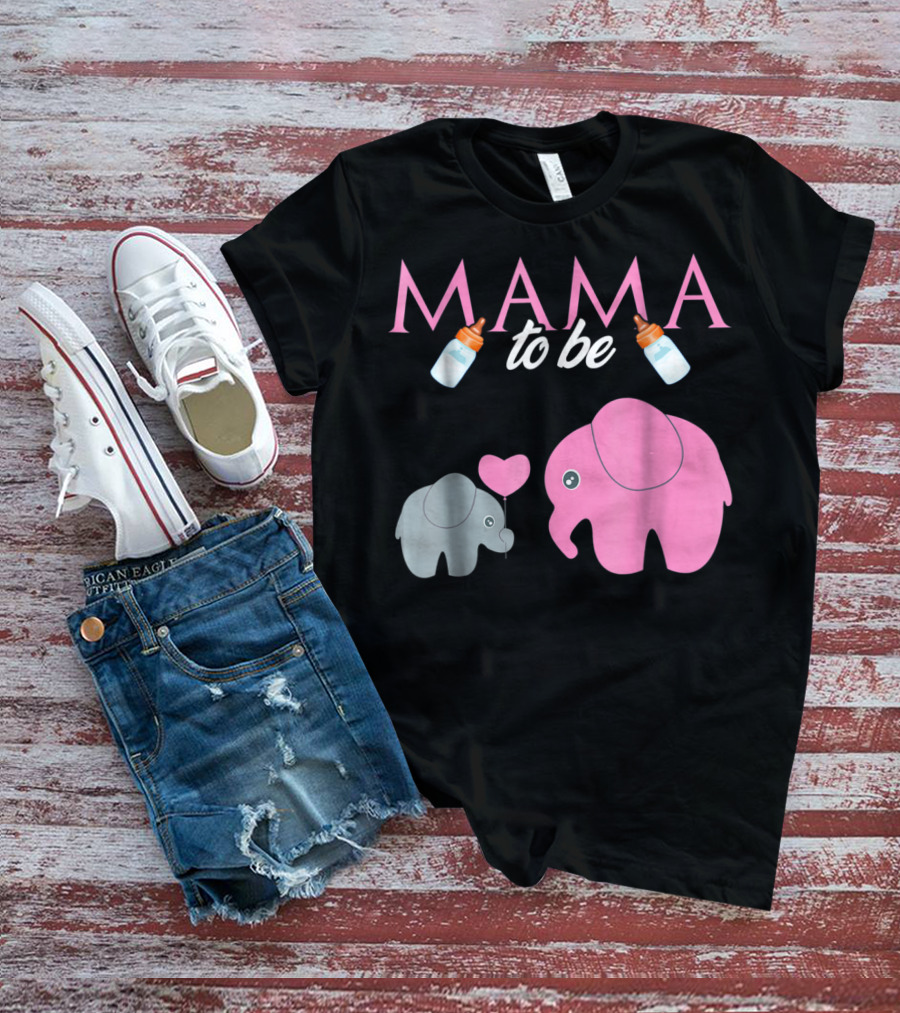 Mama To Be Pink Elephant Baby Shower With Milk Bottles And Heart Balloon T-Shirt