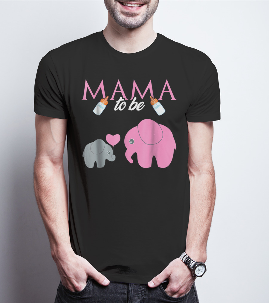 Mama To Be Pink Elephant Baby Shower With Milk Bottles And Heart Balloon T-Shirt