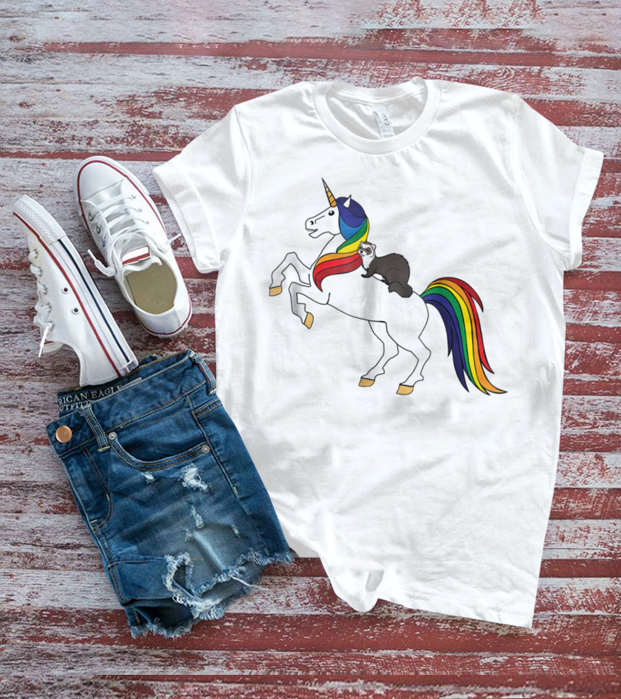 Ferret Riding Rainbow Unicorn T-Shirt