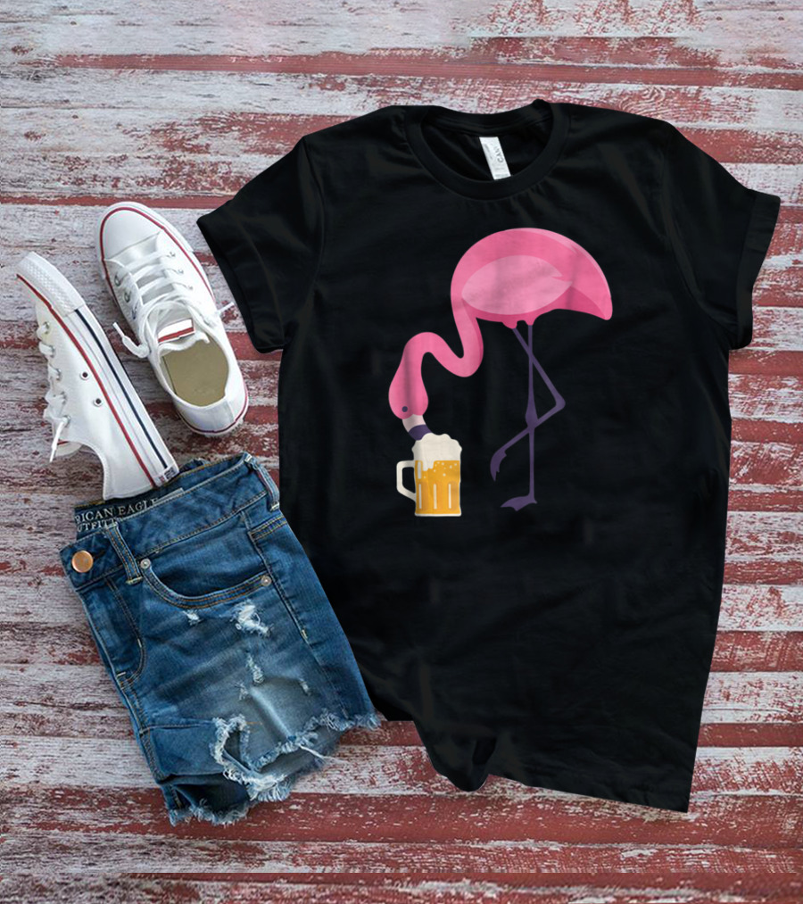 Flamingo Drinking Beer Concept With Pink Bird And Pint Glass T-Shirt