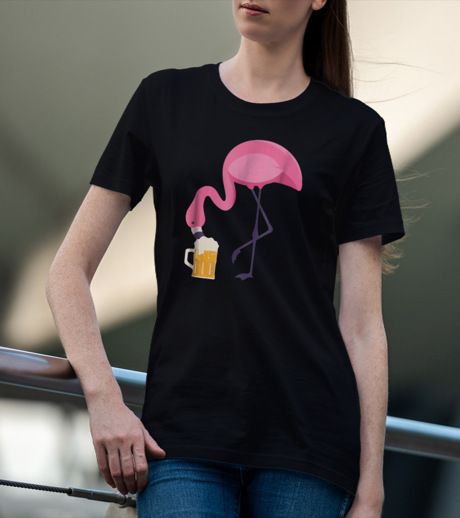 Flamingo Drinking Beer Concept With Pink Bird And Pint Glass T-Shirt