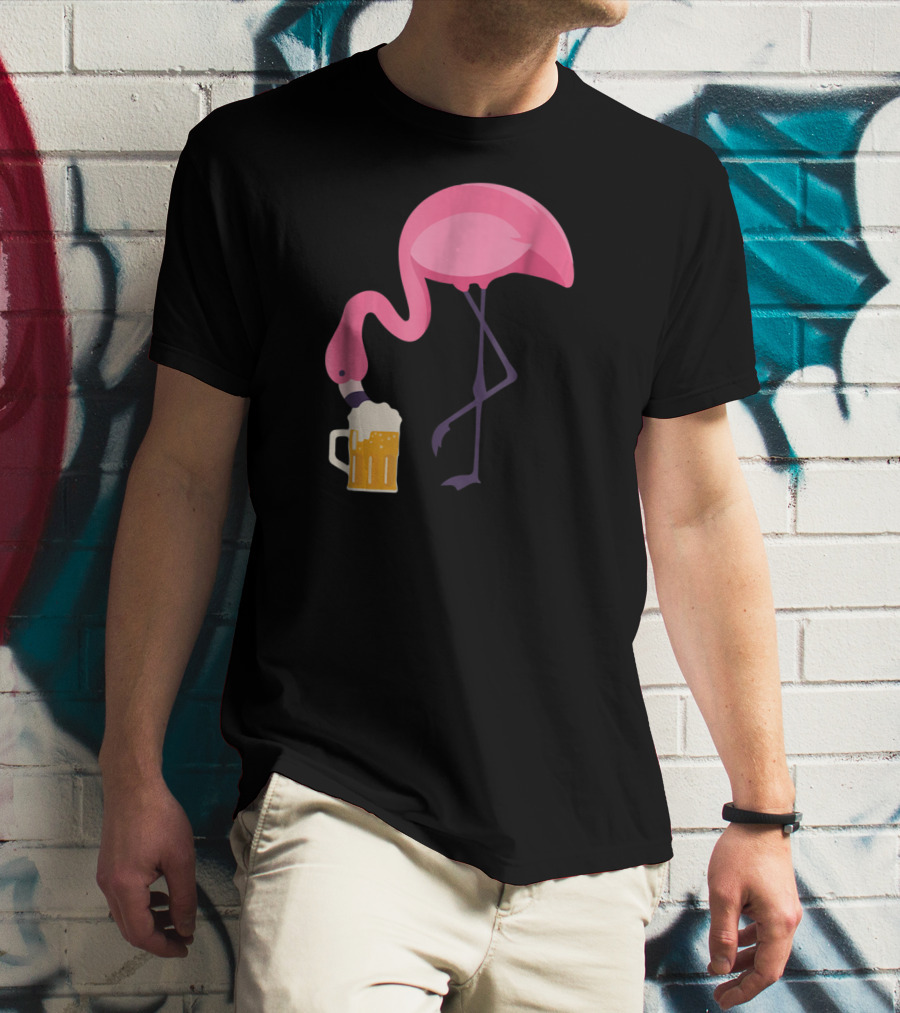 Flamingo Drinking Beer Concept With Pink Bird And Pint Glass T-Shirt