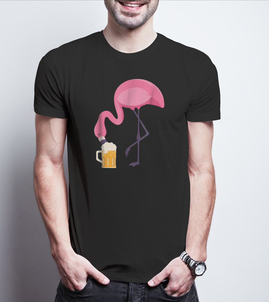 Flamingo Drinking Beer Concept With Pink Bird And Pint Glass T-Shirt