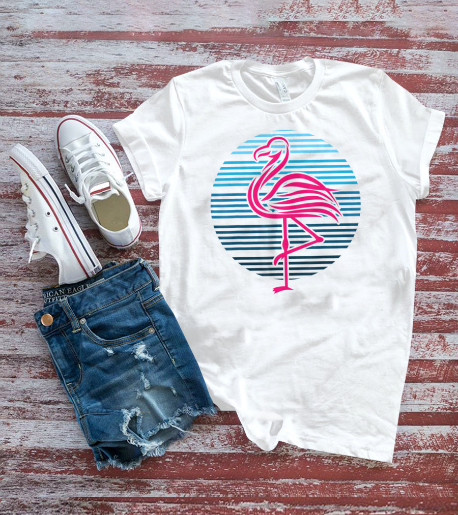 Flamingo Bird 80s Party Retro Stripes Birthday T-Shirt