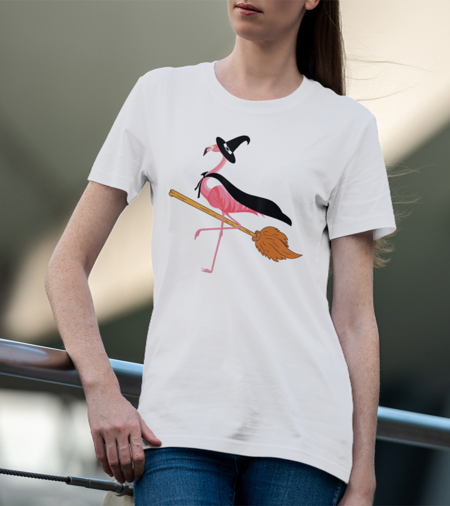 Funny Flamingo Witch Riding Broomstick T-Shirt