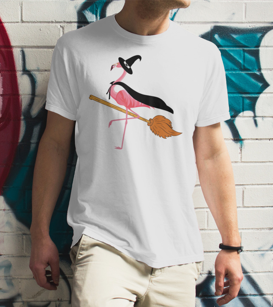 Funny Flamingo Witch Riding Broomstick T-Shirt