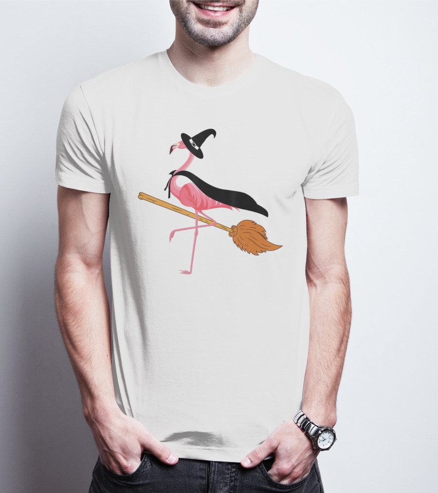 Funny Flamingo Witch Riding Broomstick T-Shirt