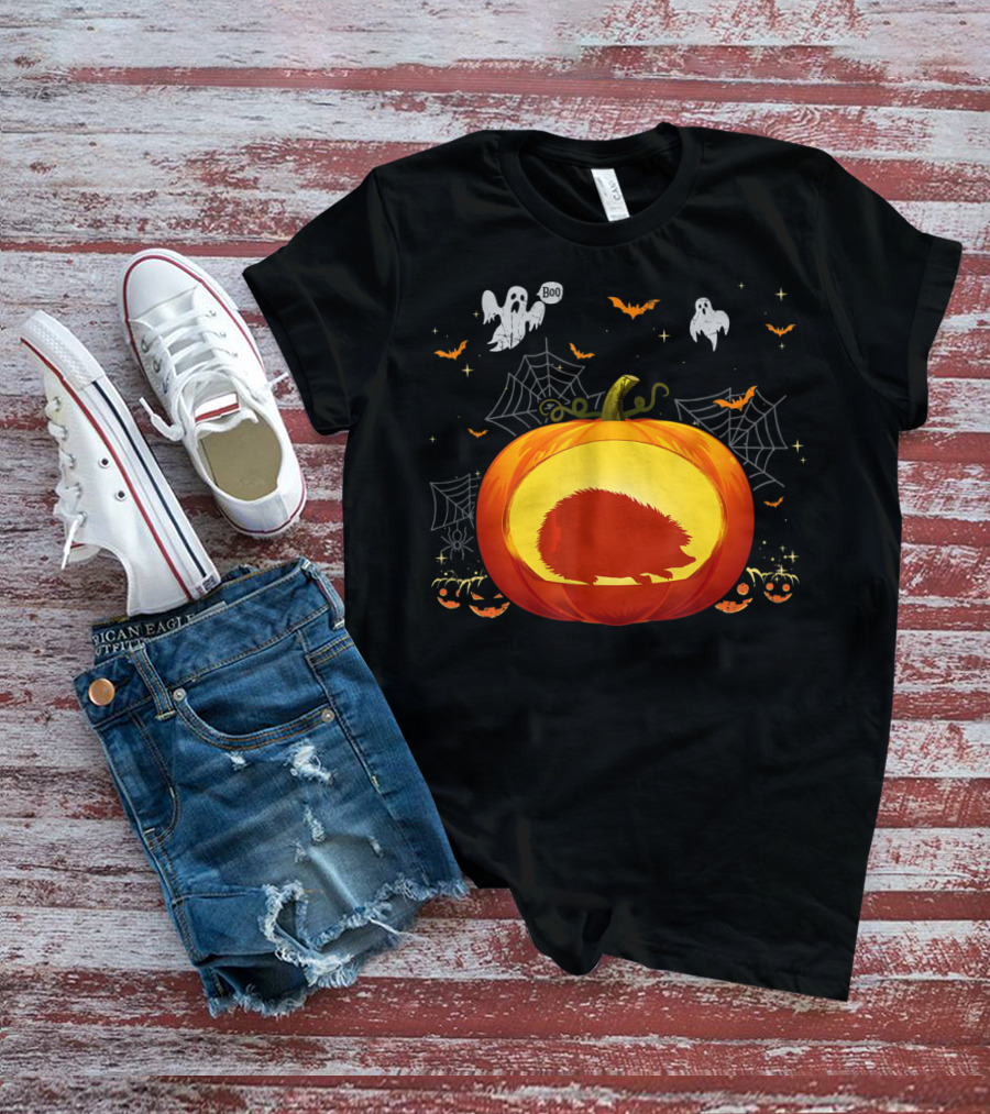 Hedgehog Silhouette In Halloween Pumpkin With Ghosts And Spiderwebs T-Shirt