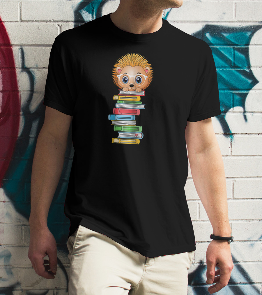 Hedgehog Book Lover With Glasses Hugging Colorful Book Stack T-Shirt