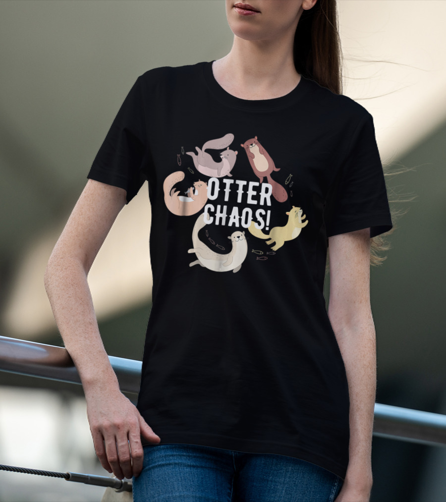 Otter Chaos Playful Otters Tumbling With Fish T-Shirt